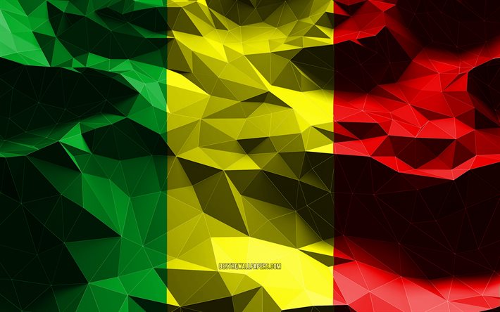 4k, Mali bayrağı, d&#252;ş&#252;k poli sanat, Afrika &#252;lkeleri, ulusal semboller, Mali Bayrağı, 3D bayraklar, Mali, Afrika, Mali 3D bayrak