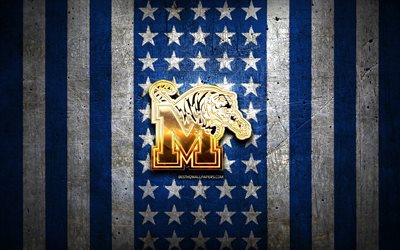 memphis tigers flagge, ncaa, blauer wei&#223;er metallhintergrund, american football team, memphis tigers logo, usa, american football, goldenes logo, memphis tigers