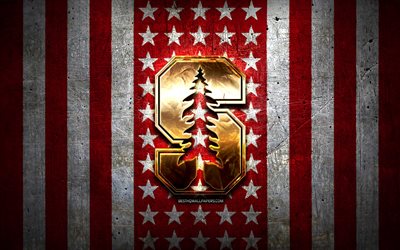 Stanford Cardinal flag, NCAA, red white metal background, american football team, Stanford Cardinal logo, USA, american football, golden logo, Stanford Cardinal