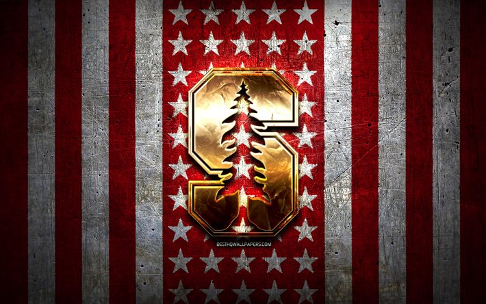 Bandeira do Stanford Cardinal, NCAA, fundo de metal branco vermelho, time de futebol americano, logotipo do Stanford Cardinal, EUA, futebol americano, logotipo dourado, Stanford Cardinal