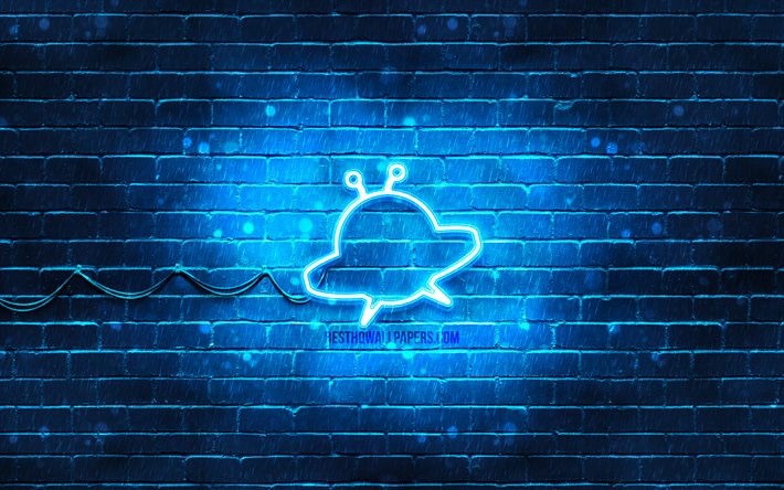 Icona al neon Ufo Space Ship, 4k, sfondo blu, simboli al neon, Ufo Space Ship, icone al neon, segno Ufo Space Ship, segni spaziali, icona Ufo Space Ship, icone dello spazio