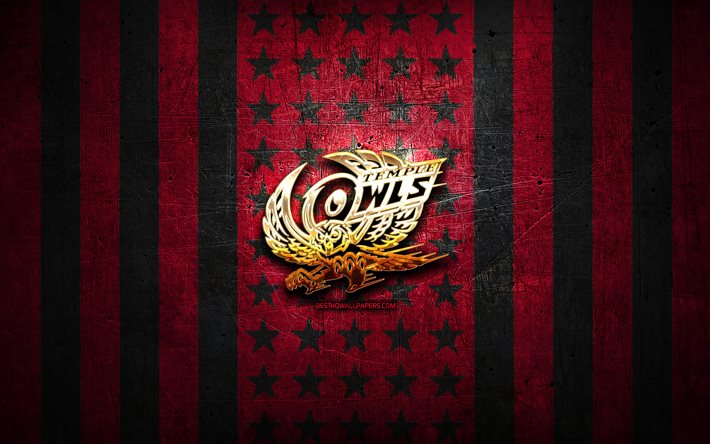 Temple Owls bandiera, NCAA, sfondo viola in metallo nero, squadra di football americano, logo Temple Owls, USA, football americano, logo dorato, Temple Owls