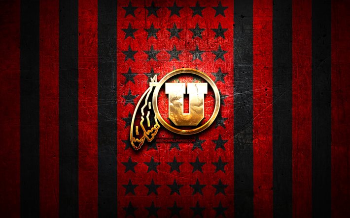 Utah Utes flagga, NCAA, r&#246;d black metal bakgrund, amerikansk fotbollslag, Utah Utes logotyp, USA, amerikansk fotboll, gyllene logotyp, Utah Utes