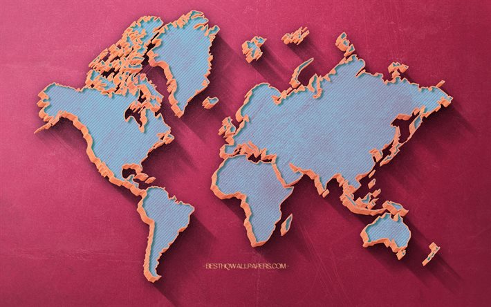 Carte du monde r&#233;tro bleue, fond r&#233;tro violet, concepts de carte du monde, continents, carte du monde, art r&#233;tro