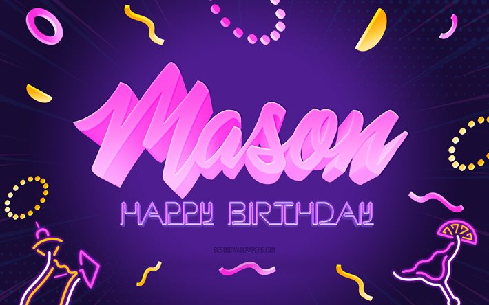 Buon compleanno Mason, 4k, Purple Party Background, Mason, arte creativa, Nome mason, Compleanno mason, Sfondo festa di compleanno