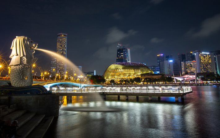 Singapore, Merlion Park, y&#246;-, suihkul&#228;hde, puisto, Singaporen kaupunkikuva, pilvenpiirt&#228;j&#228;t, Singaporen maamerkki
