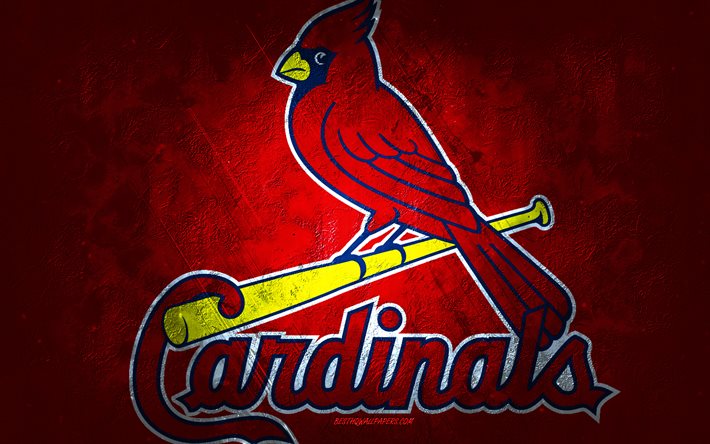 St Louis Cardinals, squadra di baseball americana, sfondo in pietra rossa, logo St Louis Cardinals, arte grunge, MLB, baseball, USA, emblema dei St Louis Cardinals