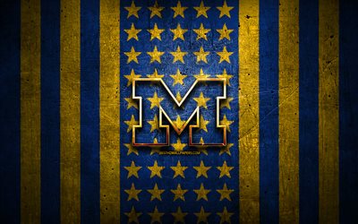 Michigan Wolverines flag, NCAA, blue yellow metal background, american football team, Michigan Wolverines logo, USA, american football, golden logo, Michigan Wolverines