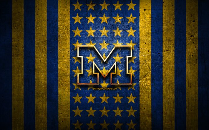Michigan Wolverines bayrağı, NCAA, mavi, sarı metal arka plan, Amerikan futbol takımı Michigan Wolverines Logosu, ABD, Amerikan Futbolu, altın logo, Michigan Wolverines