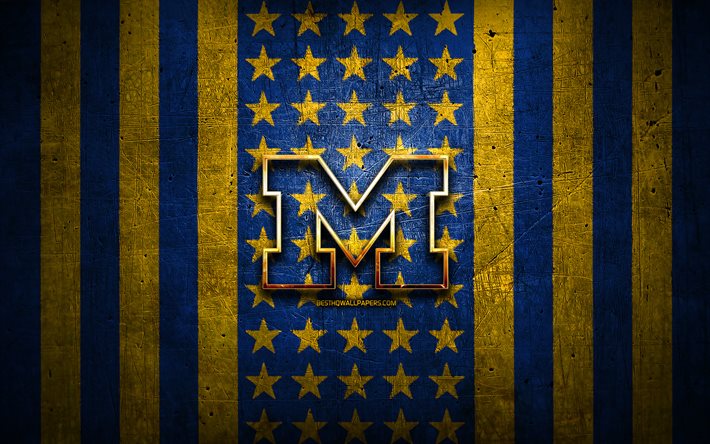 michigan wolverines-flag, ncaa, blau, gelb, metall, hintergrund, american-football-team der michigan wolverines logo, usa, american football, golden logo, michigan wolverines