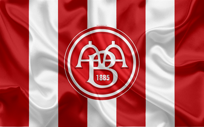 aalborg bk, 4k, danish football club, emblem, logo, danish superleague, fu&#223;ball, aalborg, denmark, silk texturen