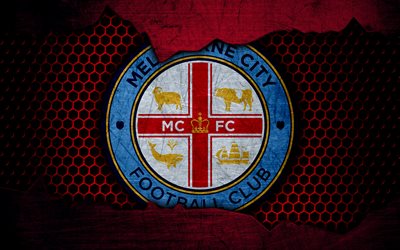 Melbourne Şehir, 4k, logo, Lig, futbol, futbol kul&#252;b&#252;, Avustralya, grunge, metal doku, Melbourne City FC