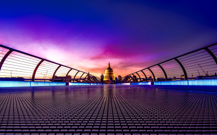 جسر الألفية, 4k, نهر التايمز, مساء, لندن, إنجلترا, المملكة المتحدة