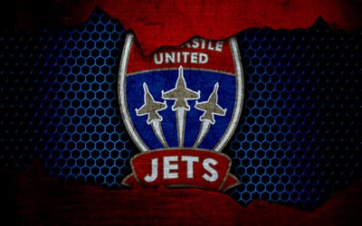 Newcastle Jets, 4k, el logotipo, la a-League, f&#250;tbol, club de f&#250;tbol, Australia, grunge, metal, textura, Newcastle Jets FC