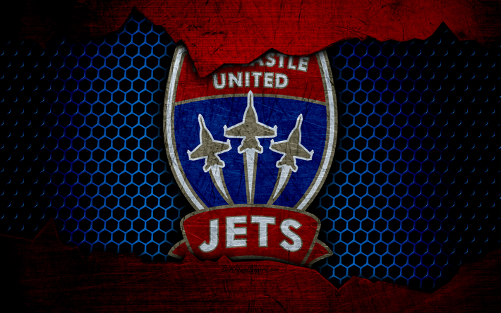 Newcastle Jets, 4k, logo, Lig, futbol, futbol kul&#252;b&#252;, Avustralya, grunge, metal doku, Bir Newcastle Jets FC