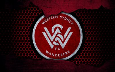 Western Sydney Wanderers, 4k, el logotipo, la a-League, f&#250;tbol, club de f&#250;tbol, Australia, WS Wanderers, el grunge, el metal, la textura, el Western Sydney Wanderers FC