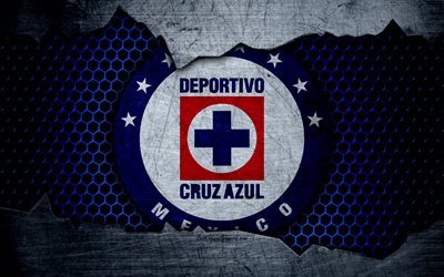 Cruz Azul, 4k, logo, Liga MX, soccer, Primera Division, football club, Mexico, grunge, metal texture, Cruz Azul FC