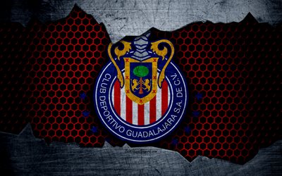 guadalajara chivas, 4k, logo, liga mx, soccer, first division football club, mexico, grunge, metal texture, guadalajara chivas-fc