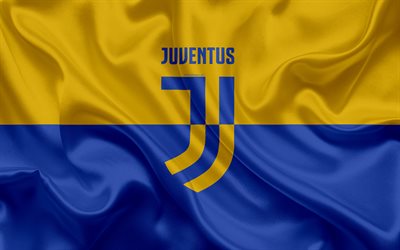 Juventus, 4k, football club, keltainen-sininen silkki tekstuuri, Italia, Serie, Italian jalkapallon mestaruuden, jalkapallo, uusi Juventus logo