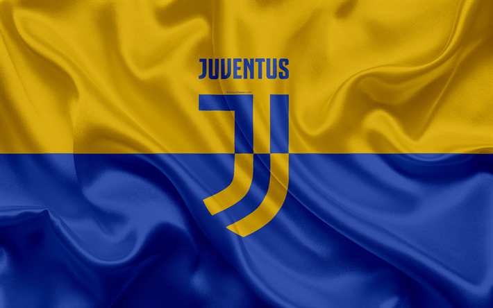 A Juventus, 4k, clube de futebol, amarelo-azul de seda textura, It&#225;lia, Serie A, Italiano de futebol campeonato, futebol, novo logotipo da Juventus