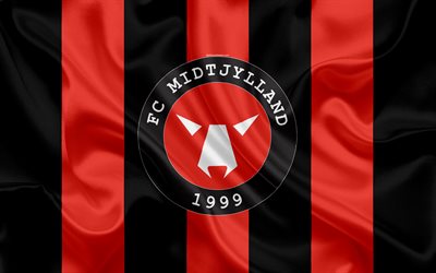 Midtjylland FC, 4K, Danish football club, emblem, logo, Danish Superleague, football, Herning, Denmark, silk texture