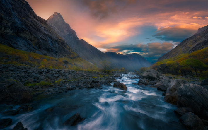 rio de montanha, montanhas, p&#244;r do sol, floresta, Romsdalen, Isterdalen, Noruega
