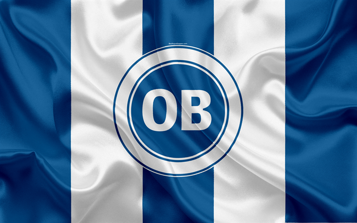Odense FC, 4k, Danish football club, emblem, logo, Danish Super League, football, Odense, Denmark, silk texture