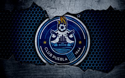 puebla, 4k, logo, liga mx, soccer, first division football club, mexico, grunge, metal texture, puebla fc
