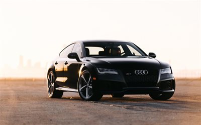 Audi RS7, 2017, VAG, Musta RS7, sport sedan, tuning, sunset, Saksan autoja, Audi