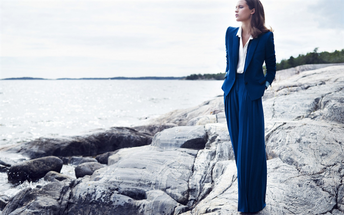 Alicia Vikander, actriz sueca, azul hembra traje, moda, modelo de