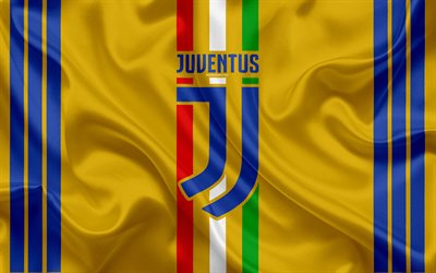 Juventus, uusi logo, 4k, Torino, Serie, keltainen silkki, Italia, jalkapallo, Italian football club, Italian lippu