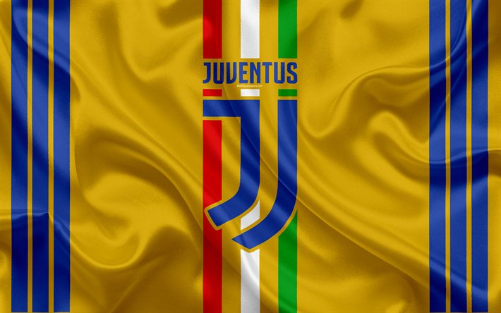 Juventus, nuovo logo, 4k, Torino, Serie A, di seta gialla, l&#39;Italia, il calcio, il calcio italiano di club con la Bandiera dell&#39;Italia