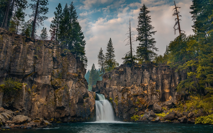 Upper McCloud Falls, mountains, waterfall, rock, forest, beautiful waterfall, USA, California