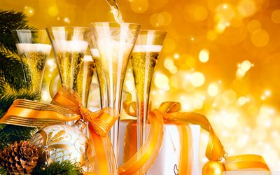 Happy New Year, Christmas decoration, champagne, New Year Party, ribbons, glare, Christmas