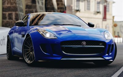 Jaguar F-TYPE R, la rue, 2018 voitures, supercars, bleu F-TYPE, Jaguar