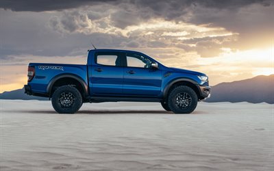 Ford Ranger Raptor, 2019, side view, blue pickup truck, suv, new blue Ranger Raptor, american cars, USA, Ford