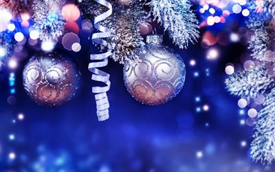 New Year, Blue Christmas background, decoration, silver Christmas balls, silver ribbons, Christmas