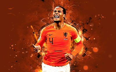 Virgil van Dijk, goal, Netherlands National Team, joy, fan art, Van Dijk, soccer, footballers, Dutch football team, neon lights