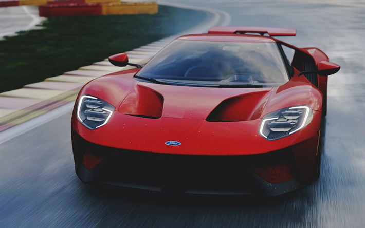 Ford GT, rain, racing cars, 2018 cars, raceway, supercars, red Ford GT, american cars, Ford