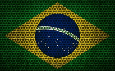 Flag of brazil, creative, metal grid, brazilian flag, art, South America, brazilian metal flag