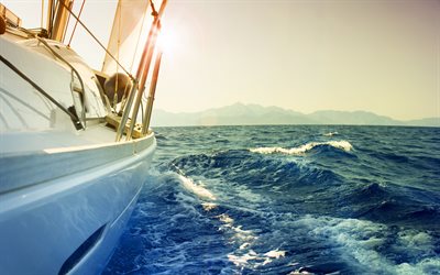 white yacht, sea, waves, sailboat, Mediterranean, coast