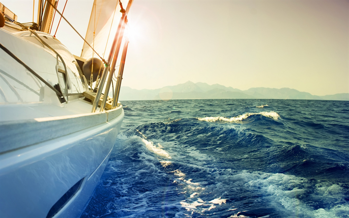 blanco yate, mar, ondas, velero, Mediterr&#225;neo, costa