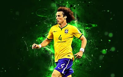David Luiz, match, Brazil National Team, soccer, footballers, David Luiz Moreira Marinho, neon lights, Brazilian football team