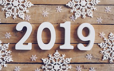 2019 year, wooden numbers, New Year, wooden snowflakes, 2019 concepts