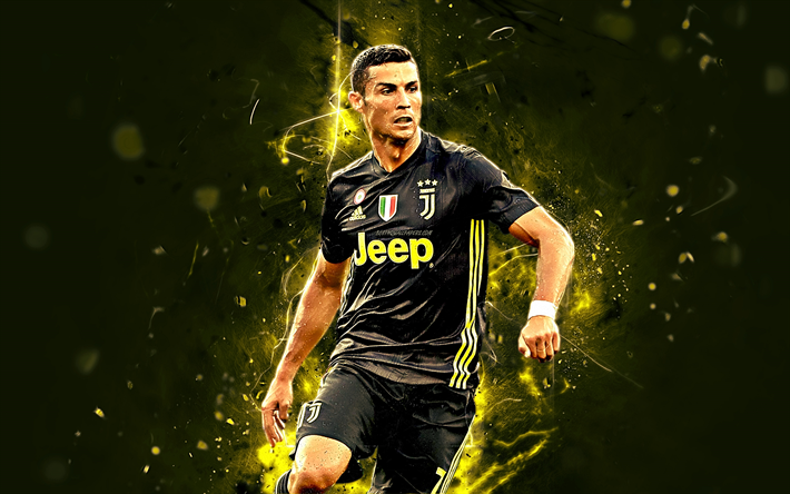 CR7, cristiano Ronaldo, nero uniforme, Juventus FC, Juventus, portoghese calciatori, arte astratta, calcio, Serie A, Cristiano Ronaldo, luci al neon, CR7 Juve