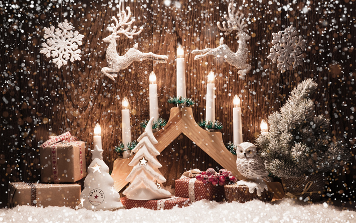 Mutlu Noeller, mumlar, Mutlu Yeni Yıl, Noel dekorasyonu, hediyeler, Noel