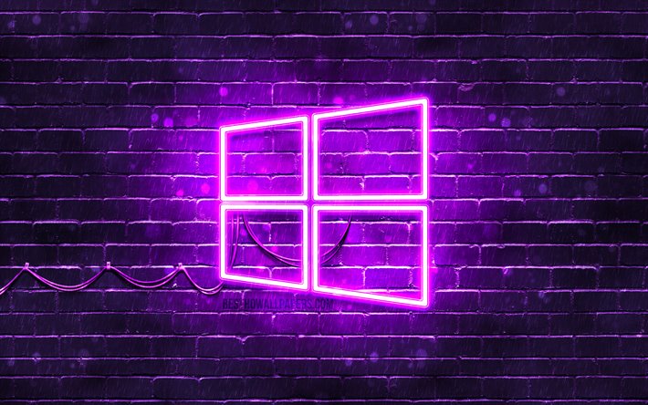 Windows 10 violet logo, 4k, violet brickwall, Windows 10 logo, brands, Windows 10 neon logo, Windows 10