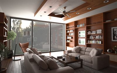 stylish apartments, modern interior design, living room, brown wooden furniture, living room project
