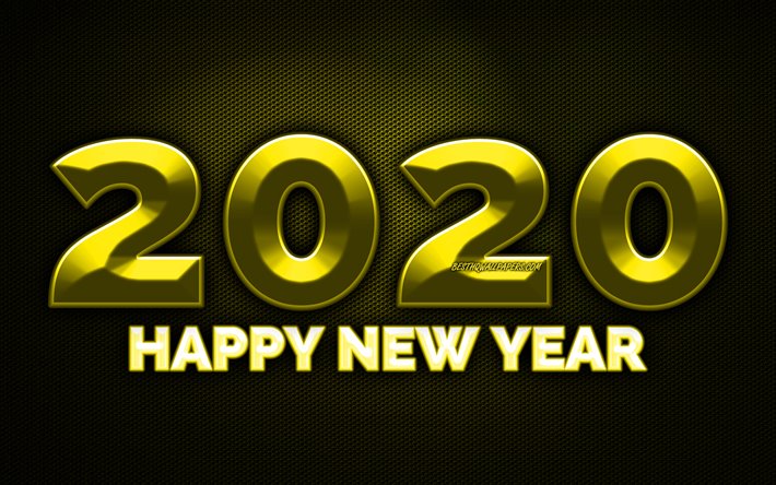 2020 amarelo 3D d&#237;gitos, 4k, metal amarelo grade de fundo, Feliz Ano Novo 2020, 2020 metal arte, 2020 conceitos, metal amarelo d&#237;gitos, 2020 em fundo amarelo, 2020 d&#237;gitos do ano