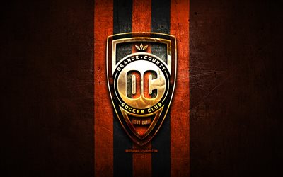 Orange County FC, logo dorato, USL, in metallo arancione di sfondo, american soccer club, United Soccer League, Orange County, logo, calcio, USA